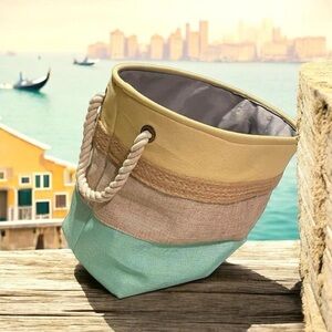 adorable yellow + tan + blue sturdy beach bag!! ☀️🌊🏖️🐚